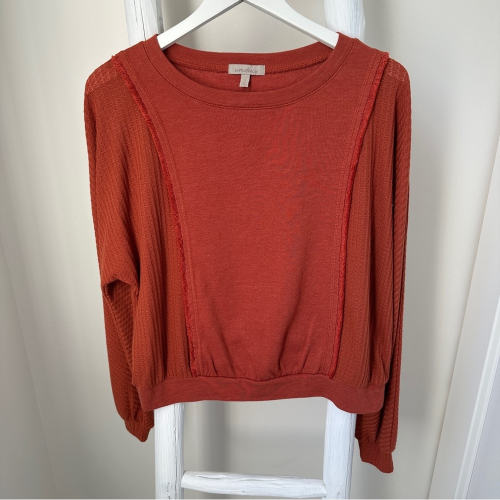Wonderly Brick Red Waffle Knit Long Sleeve Boho Top Size Small